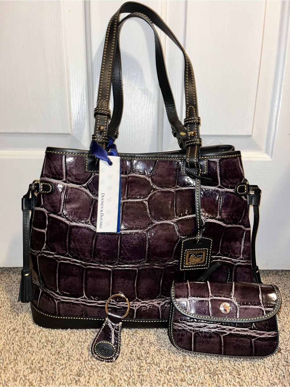 Dooney & Bourke Purple Croc-Embossed Tote with Black Trim w Accessories